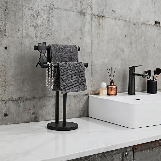 Hand Towel Holder, NEWRAIN Double Countertop Hand Towel Holder Stand, Stainless Steel Free Standing Hand Towel Rack with Heavy Base, for Bathroom Kitchen & Counter top, Matte Black