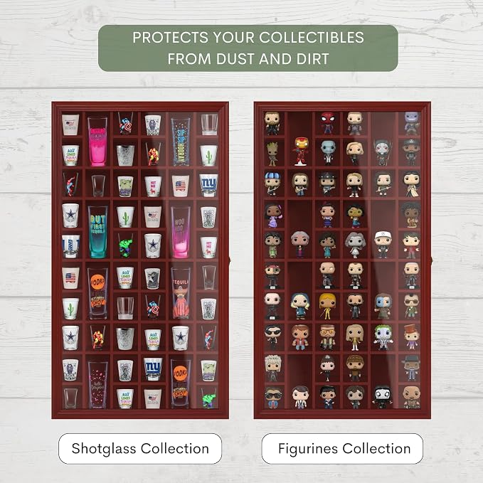 Shot Glass Display Cabinet Solid Wood - Large Display Case for Collectibles | Man Cave Accessories | UV Protection Acrylic Door | Wall Mounted Black Shadow Box | 52 Slots | 32"x17" Mahogany