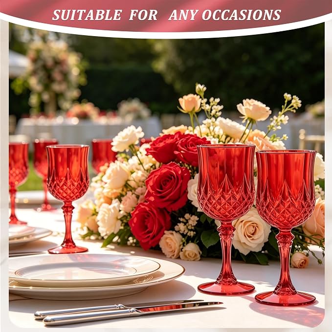 7OZ Plastic Wine Glasses, Reusable Vintage Goblets Unbreakable Drinking Glasses Crystal Water Cups Champagne for Wedding, Parties (48, Red)