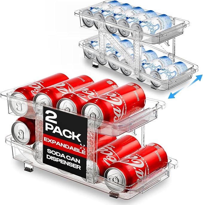 Expandable Soda Can Dispenser For Fridge - 2-Pack - Clear Transparent Soda Can Organizer For Refrigerator, Kitchen, and Pantry Storage Organizer for Cans, Beverage Bottle, Canned Food & Bottles