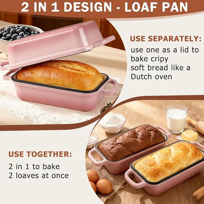 9 x 5 Inch Bread Pan Enameled Cast Iron Loaf Pan with Lid for Baking, 2 in 1 Non-stick Sourdough Bread Loaf Pan for Homemade Bread, Oven & Stovetop Safe for Gas, Electric & Induction, Pink
