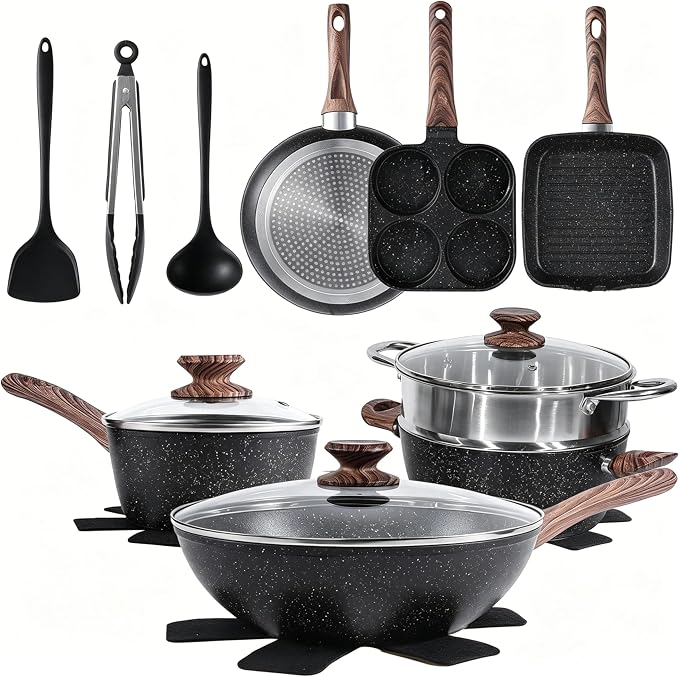 HealSmart 17Pcs Ceramic Cookware Set, Non-Toxic Nonstick Cooking Pots & Pans with Heat Resistant Grips, Complete Induction Compatible Kitchen Kit Including Multi-Size Frying Pans, Black