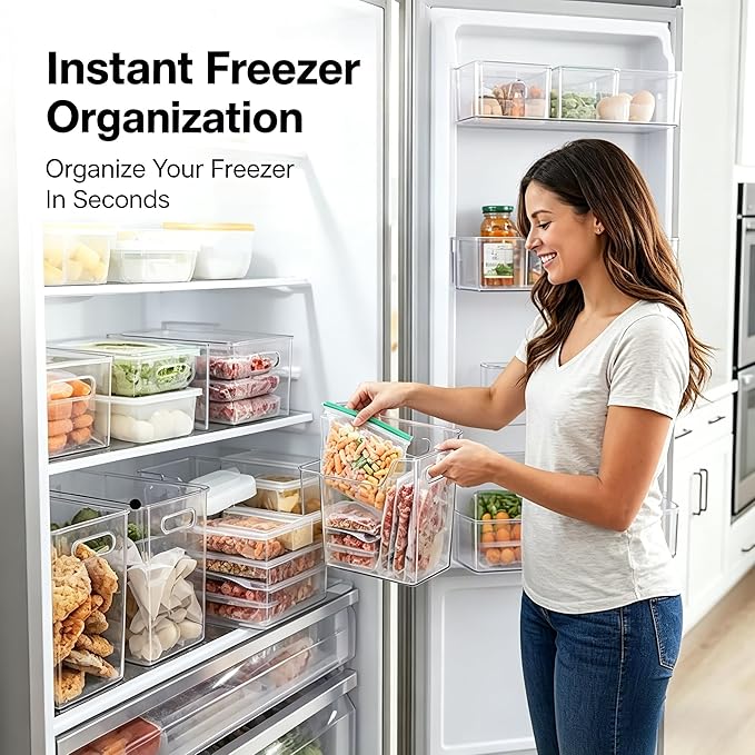 Clear Plastic Freezer Storage Bins, 4 Pack Stackable Refrigerator Organizer Containers with Handles for Meat, Veggies, and Pantry (2PS Small Size*2ps Large)