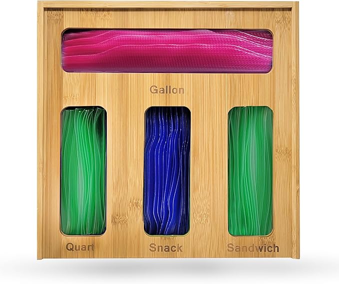 Bamboo Ziplock Storage Organizer for Kitchen Drawer with Sliding Lid – 4 Slot Holder for Gallon, Quart, Snack & Sandwich Bags