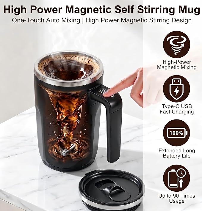 Self Stirring Coffee Mug 13.5 Oz with Lid, 316 Stainless Steel Automatic Magnetic Mixing Cup with a Built-in LCD Thermometer & Handle, Electric Coffee Stirrer, Gift for Men and Women (Matte Black)