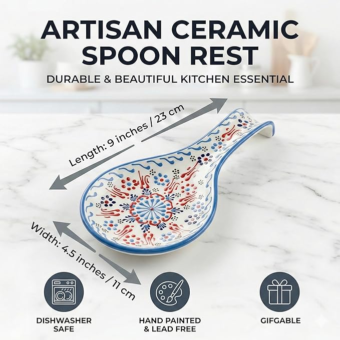 BCS Ceramic Spoon Rest, Large 9” Hand Painted Spoon Holder for Stove Top & Kitchen Counter, Dishwasher Safe & Heat Resistant Utensil Holder, Floral Kitchen Decor, Handmade Pottery