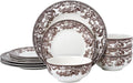 Montana 12-Piece Chip-Resistant Porcelain Dinnerware Set – Service for 4 | Reinforced Scratch-Shield Glaze | Large 25oz Deep Bowls | Elegant Brown Floral Border | Dishwasher, Microwave, & Oven Safe