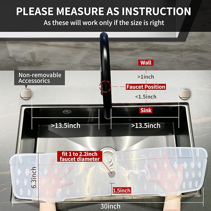 Gosmol Kitchen Faucet Sink Splash Guard Silicone Faucet Mat, XXL 30 inch Faucet Handle Drip Catcher Tray, Deflector Under The Faucet, Self Draining Slopes Design Keep Kitchen Bathroom Drying - Clear