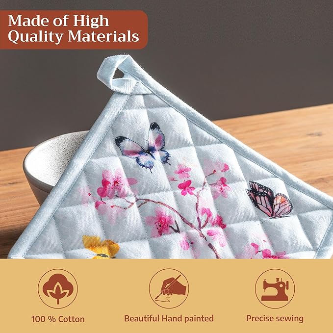 Maison d' Hermine Pot Holders 100% Cotton Heat Resistant Potholders 8" x 8" Hot Pads with Loop BBQ Baking Gifts for Mothers Day Handling Hot Pans Spring/Summer (Pack of 1, Blossoms in Spring)