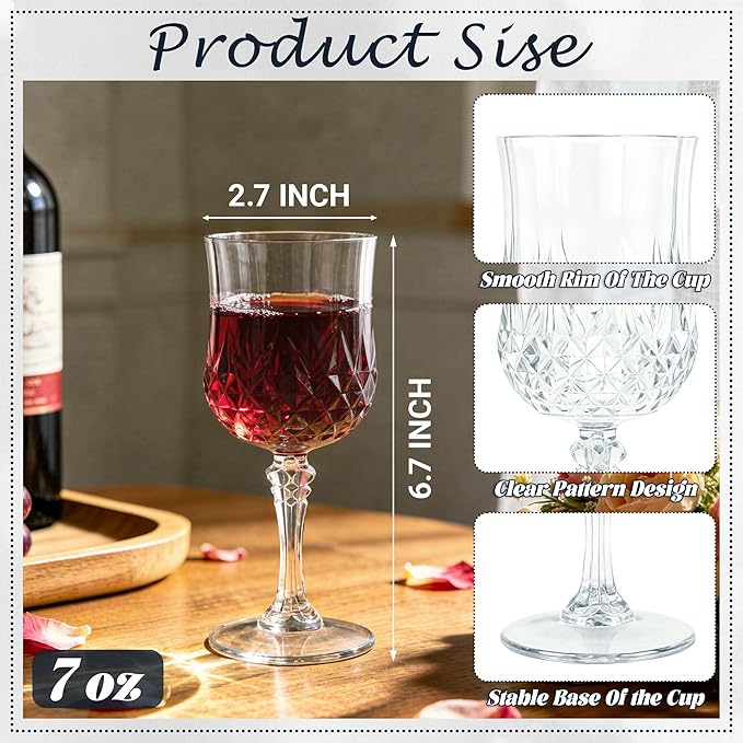 Plastic Wine Glasses, Plastic Goblets Vintage Style Cordial Unbreakable Drinking Glasses, Reusable Drinkware for Wedding Reception, Grand Event Party Supplies (48, Transparent)