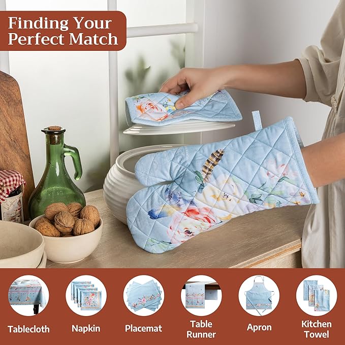 Maison d' Hermine 100% Cotton Oven Mitt & Pot Holder Set (7.5"x13" & 8"x8") Heat Resistant BBQ Cooking Gloves with Loop Baking Grilling Kitchen Gifts for Mothers Day Spring/Summer (Ibiza - Blue)