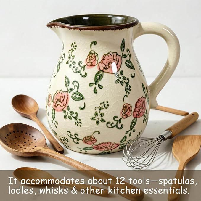 Ceramic Utensil Holder for Kitchen Counter, 6.1 Inch Modern Farmhouse Rustic Cooking Utensil Holder for Countertop Home Decor, Vintage Utensil Organizer Crock for Cooking & Spoon Tools (Red Rose)