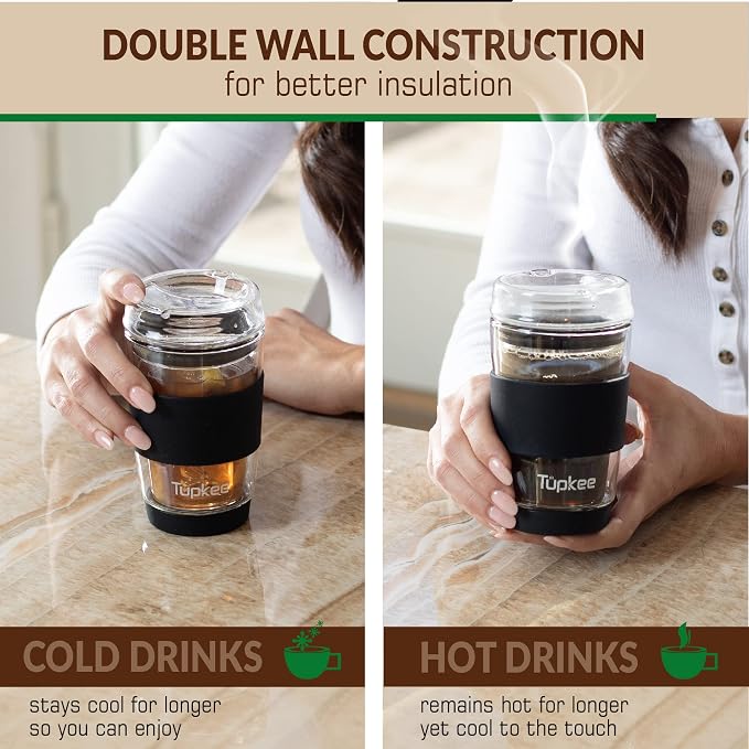 Double Wall Glass Tumbler - 8-Ounce, All Glass Hand Blown Reusable Insulated Tea/Coffee Mug & Lid, Travel Mug - Black
