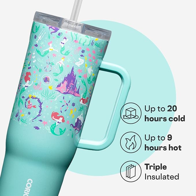 Corkcicle Cruiser Insulated Tumbler with Handle & Straw - Keeps Beverages Cold 20 Hours - Triple Insulated - Summer Drinkware Gift - Keeps Drinks Ice Cold - 40 oz - Princess Ariel