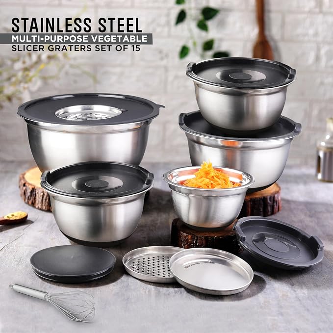 AVADOR Premium Brushed Stainless Steel Mixing Bowls Sets, Easy To Clean, Space Saving, Great for Cooking, Baking, Prepping Needs 0.25qt, 1qt, 1.5qt, 3qt, 5qt (9 pc Anti Slip with Lid and Graters)