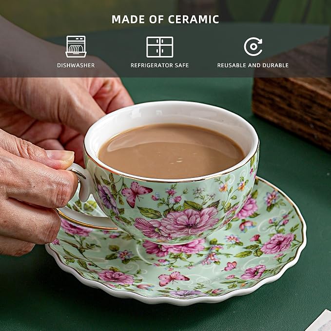 Agyiuns Tea Cup and Saucers, 6.4oz Floral Tea Cups with Gold Trim, Porcelain Teacup, Coffee Cappuccino Espresso Latte Mugs for Party Birthday,Party Cafe Home, Christmas Gift (Green)