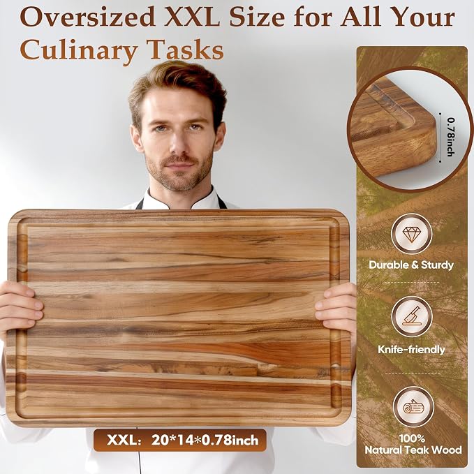 XXLarge Teak Cutting Board Non Toxic Wood Chopping Board Wooden Bamboo Charbuterie Butcher Block Heavy Duty Non Slip Teak Wood Cutting Board for Kitchen