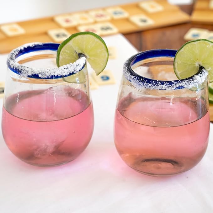 Cobalt Blue Rim Hand Blown Stemless Wine Glasses Set of 6 | 16 oz Mexican Glassware | Hand blown Mexican Drinking Glasses for Wine, Cocktails & Tequila