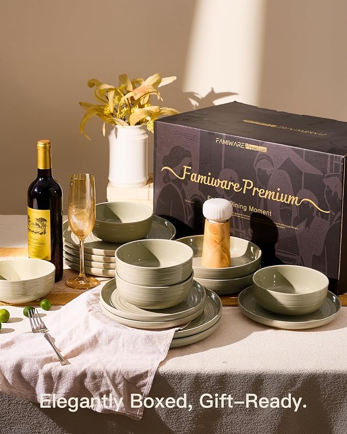 24-Piece Stoneware Dinnerware Sets for 8 - Coupe Plates and Bowls with Speckles & Spirals - Chip & Scratch Resistant, Microwave & Dishwasher Safe - Farmhouse Dishes - Gift Box, Honey