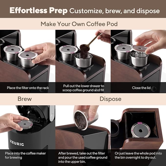 Coffee Pod Maker Stand, Solid Wood Reusable K-Cup Filter Holder & Filling Station with Coffee Ground Storage Drawer & Waste Bin, Countertop Wood Coffee Bar Organizer, Easy Daily Refill (Walnut)