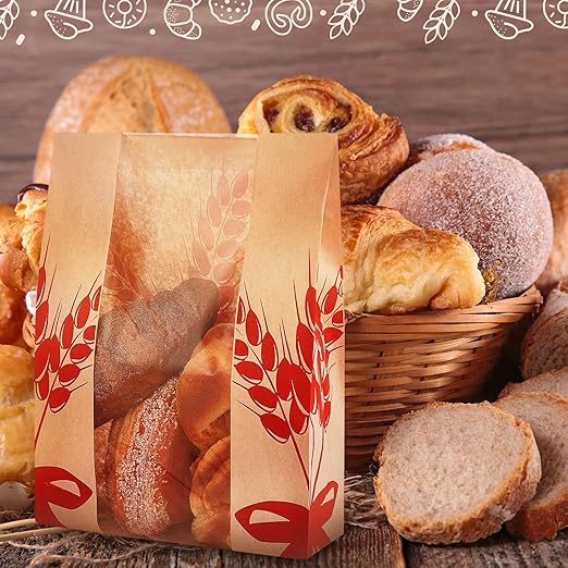 Gueevin 1000 Pcs Kraft Paper Bread Bag for Homemade Bread Large Sourdough Loaf Bag with Clear Window Bakery Food Package Storage with 500 Pcs Sticker for Popcorn Cookies, 14x8.3x3.2''