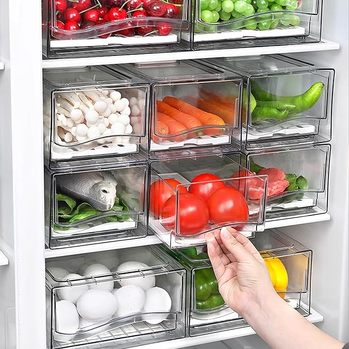 bealy 2 Pack Fruit Storage Containers for Fridge,Stackable Fridge Organizer,Clear Refrigerator Organizers with Pull Out Drawer for Fruit, Produce, Vegetables, Drinks, Snack and Food Storage,BPA Free