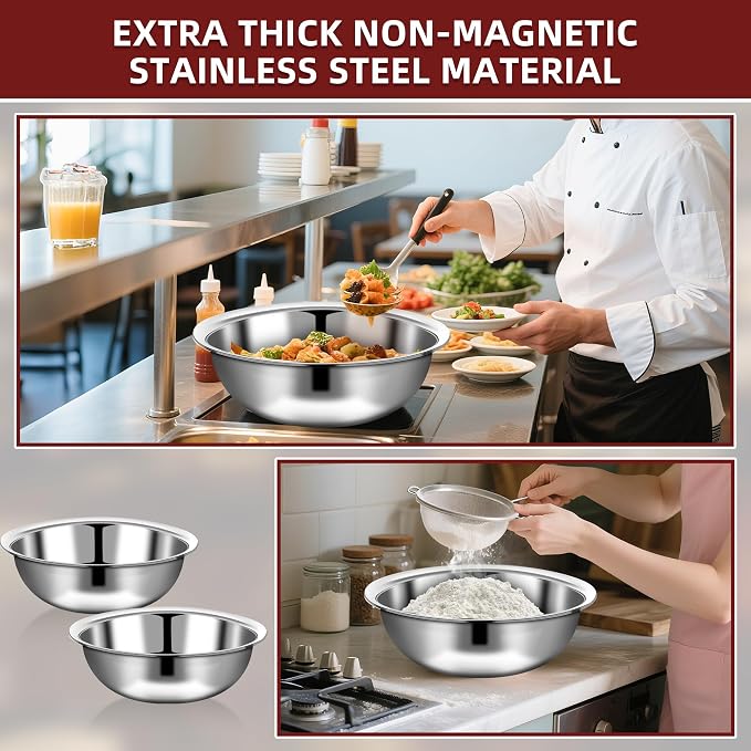10 Pcs Stainless Steel Mixing Bowls Metal Mixing Bowls Extra Large Basin Salad Bowl with Deeper Edge, Dishwasher Safe, Mirror Finish for Home and Commercial, Silver (13 Inch 7 Qt)