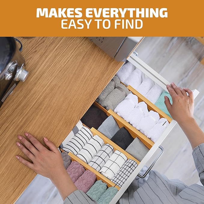 6-Pack Bamboo Drawer Dividers - 2.6 in High, Adjustable 16 to 22 in Expandable Drawer Organizers and Dresser Separators for Clothes, Bedroom, Bathroom, Kitchen, and Office Organization and Storage