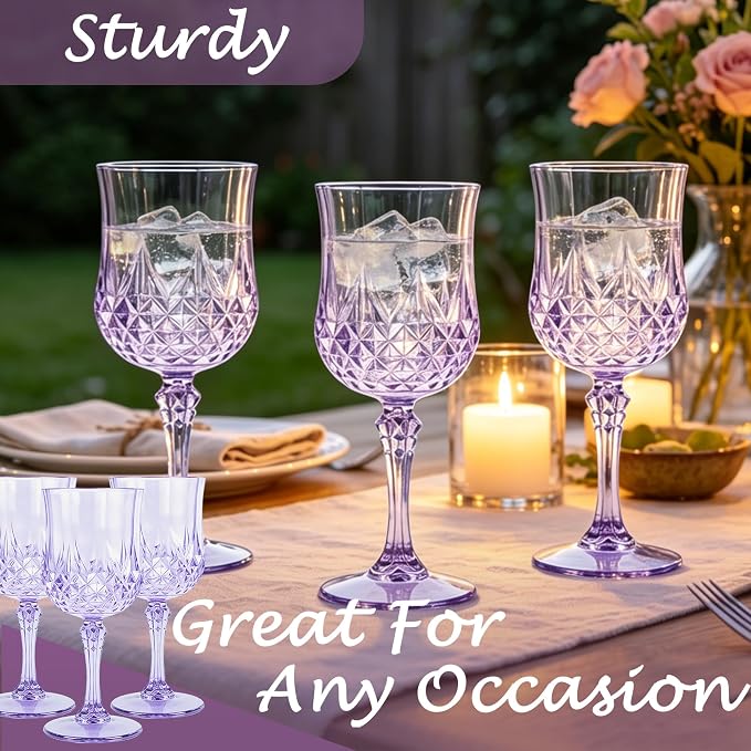 Plastic Wine Glasses, Plastic Goblets Vintage Style Cordial Unbreakable Drinking Glasses, Reusable Drinkware for Wedding Reception, Grand Event Party Supplies (12, Purple)
