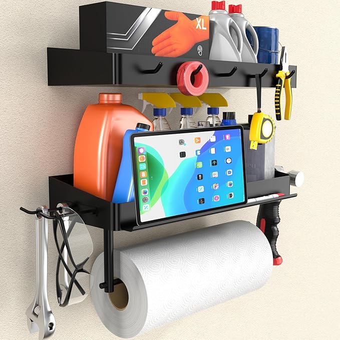 YIGII Heavy Duty Garage Paper Towel Holder with 2 Storage Shelves, Wall Mount Paper Towel Rack with Phone Holder & Hooks, Shop and Tool Room Organizer for Storage