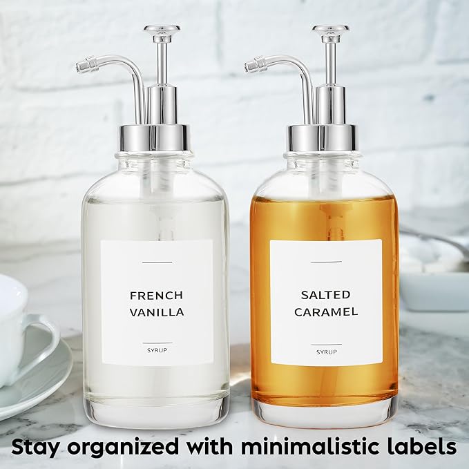 Spaceneat Coffee Syrup Dispenser with Pump - Includes 24 Flavor Labels - Glass Syrup Dispenser for Coffee Bar - Elevate your Beverage Station with 16.9 fl oz Flavoring Container Bottles, 2pcs, Silver