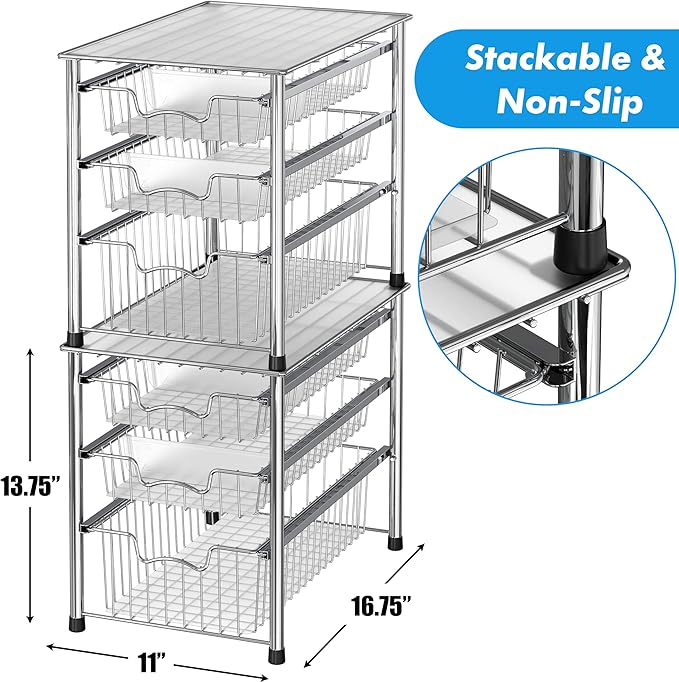 Simple Houseware Stackable 3 Tier Sliding Basket + Single Tier Basket, Chrome