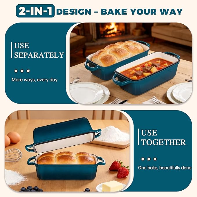 11x5 Inch Cast Iron Loaf Pan with Lid, Large Loaf Pans for Sourdough Bread Baking, Even Heat Distribution Dutch Oven Bread Pan for Homemade Bread, Meatloaf (5.8Qt, Teal)