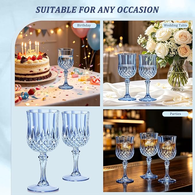 7OZ Plastic Wine Glasses, Reusable Vintage Goblets Unbreakable Drinking Glasses Crystal Water Cups Champagne for Wedding, Parties (48, Blue)