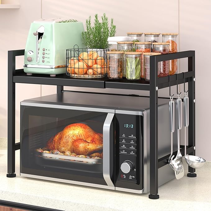 PUSDON Expandable Microwave Oven Rack, 2-Tier Countertop Baker's Rack Style Shelf, Heavy Duty Carbon Steel Stand with 3 Hooks, 160lbs Weight Capacity for Kitchen Organization, Matte Black