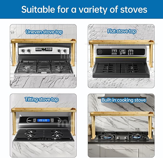 MAVOTER Over The Stove Top Shelf for Kitchen Bamboo Spice Rack Organizer for Back of Stove with Protective Lips & 6 Hooks,Easy Installation 33.5 * 4.5 * 13.4”
