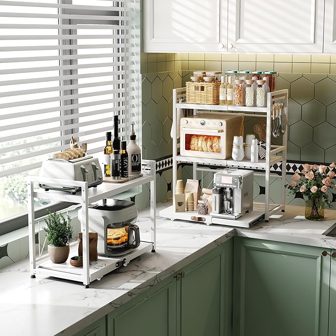 NETEL Expandable Microwave Stand,3 Tier Metal Kitchen Countertop Organizer Shelves with 8 Hooks,Bakers Rack,Pull-Out Microwave Shelf,Metal Storage Shelves,110lbs Weight Capacity,White