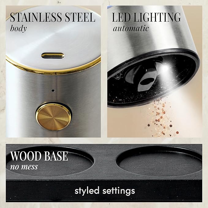 Electric Salt and Pepper Grinder Set Rechargeable – Stainless Steel Salt and Pepper Grinder Set with LED Light, USB Charging, Adjustable Coarseness, Kitchen Gadget Gift for Home Cooks