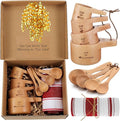 Reallnaive 14 Pcs Christmas Wooden Baking Gift Set - Wooden Measuring Cups and Spoons, Baking Towel, Greeting Card, Self-adhesive Curly Bows for Women, Dry Measuring Ingredient Christmas Kitchen Gift