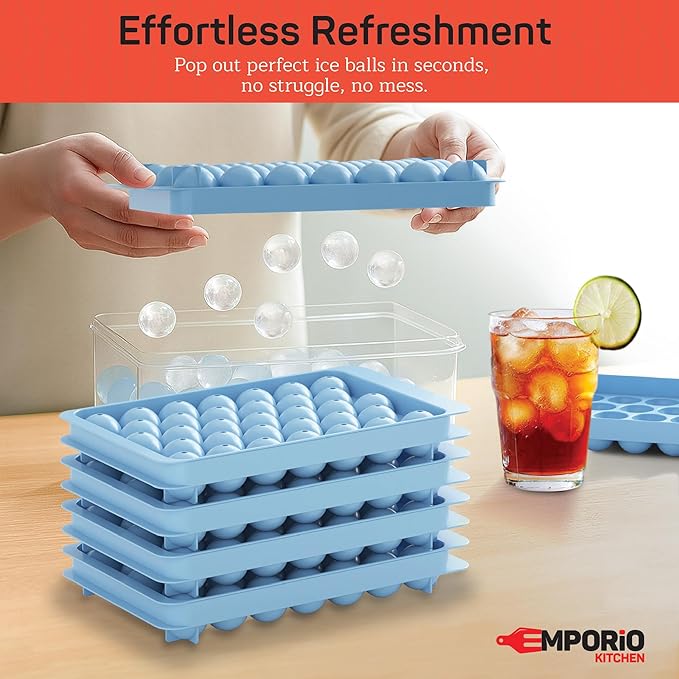 Emporio Kitchen Round Ice Cube Tray Set Pack of 4, BPA-Free Stackable Trays with Lid & Tongs, 33 Ice Balls Per Tray for Whiskey, Drinks, and Cocktails, Quick Release Round Ice Cube Mold, Blue