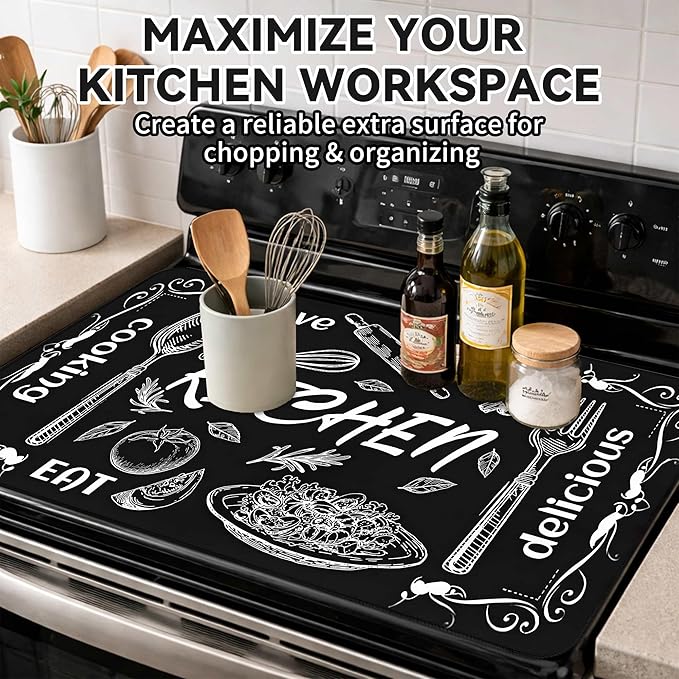 Decorative Stove Top Covers for Electric Stove 28"x20" – Heat Resistant Glass Cooktop Protector Dish Drying Mat – Non-Slip Rubber Backing Washer Top Cover Waterproof Extra Counter Space (Kitchen 1)