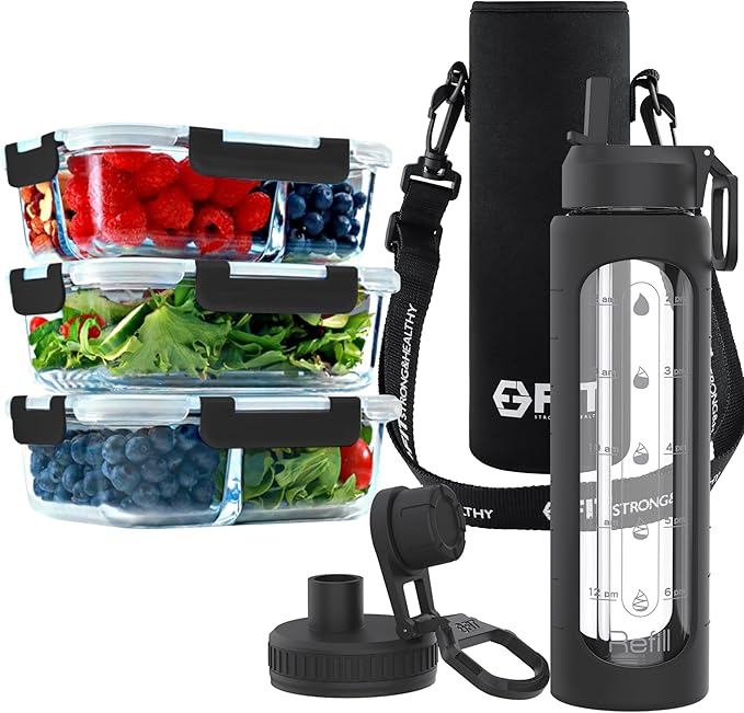 FIT Strong & Healthy 32 oz Glass Meal Prep Containers & 32 oz Glass Water Bottle with Straw Lid, Thick Silicone Sleeve, Leakproof, Black, Adult, Meal Prep Set