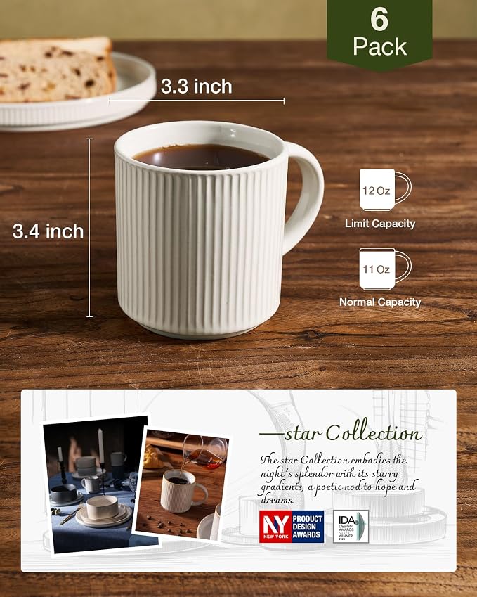 famiware Coffee Mug Set for 6, Star 12 oz Catering Mugs Cup Set with Handle for Coffee, Tea, Cocoa, Milk- Ceramic Stoneware Drinkware Set, Oat