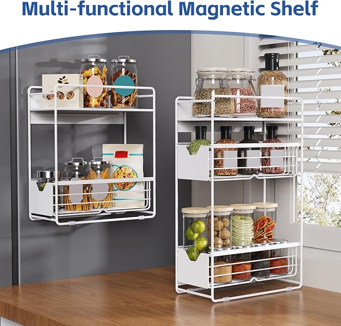 CABTE 3 Tier Magnetic Shelves for Washing Machine with Pull Out Metal Drawer,Magnetic Spice Rack for Fridge,Magnetic Rack with no Installation, Versatile Storage Organizers for Home (White, 3 Tier)