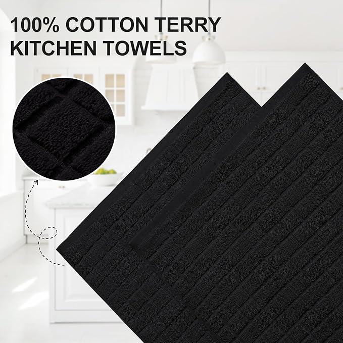 Homaxy Premium Cotton Kitchen Towels 16"x 28", Large Natural Ring Spun 390 GSM Dish Towels, Super Absorbent Terry Kitchen Hand Towels, Soft Tea Towels with Hanging Loop, Pure Black Design, 4 Pack