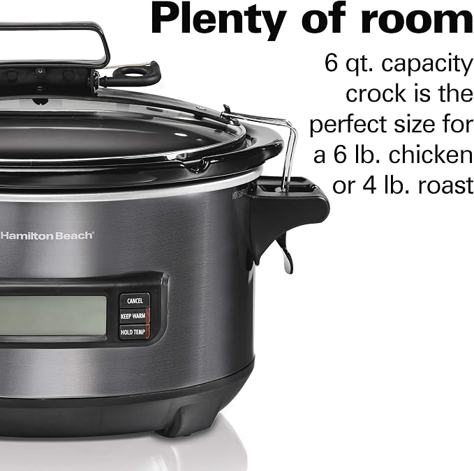 Hamilton Beach Portable 6 Quart Set & Forget Programmable Slow Cooker | Temperature Probe | Lid Lock For Easy Travel | Dishwasher Safe Crock & Glass Lid | Black Stainless Steel | 33866