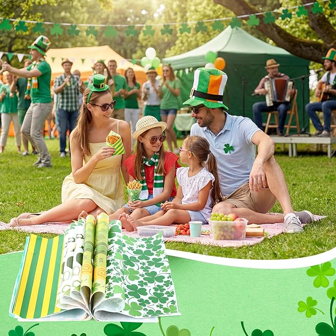 Reallnaive 300 Pcs St. Patricks Day Wax Paper Sheets 12 x 12 Inch Green Shamrock Parchment Deli Tissue Paper Sandwich Wrapping Sheets Food Basket Liners for Kitchen Restaurant Baking Supplies, 6 Style