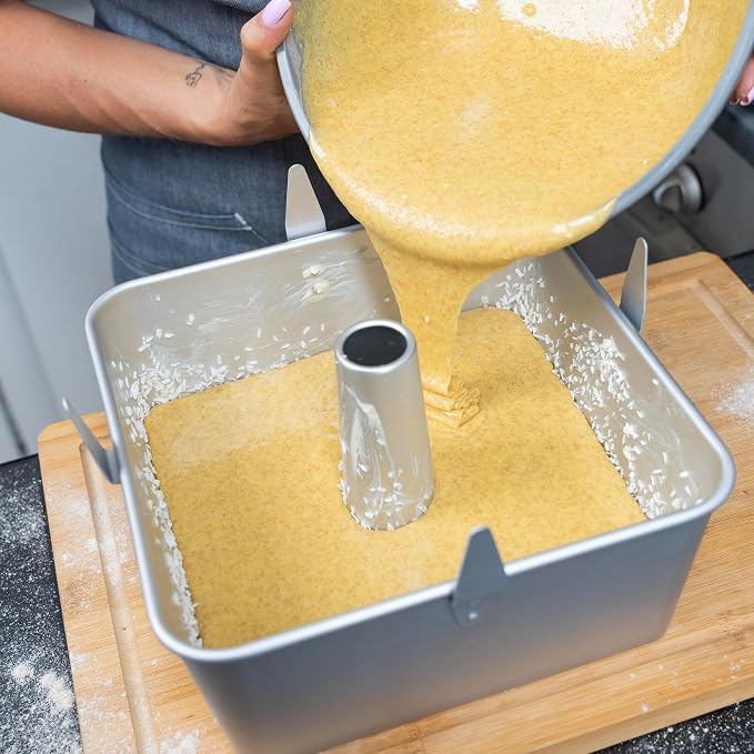 Square Tube Cake Pan, 18 Cup Recipes, 10 Inch Anodized Aluminum Angel Food, Chiffon & Pound Cake Pan, 2-piece system with Removable Bottom and Cooling Feet