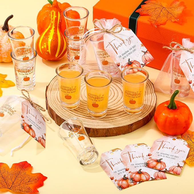 Pickmesh 25 Sets Baby Shower Shot Glasses for Guests Include Acrylic Clear Shot Glasses Thank You Cards Organza Bags Babies Shower Gifts for Gender Reveal Party Supplies (Pumpkin Theme)