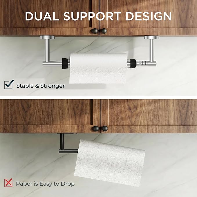 FORIOUS Paper Towel Holder Under Cabinet, SUS304 Wall Mounted Commercial Paper Towel Holder, One-Handed Tear Hanging Paper Roll Holder with Ratchet Mechanism for Kitchen Bathroom (Brushed Nickel)